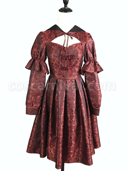 Gothic Bloody Red Rose Printing Long Sleeve Dress coscarnival