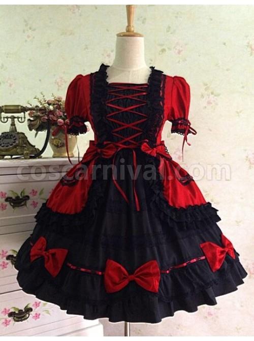 Gothic Long Sleeves Red And Black Lace Cotton Lolita Dress coscarnival