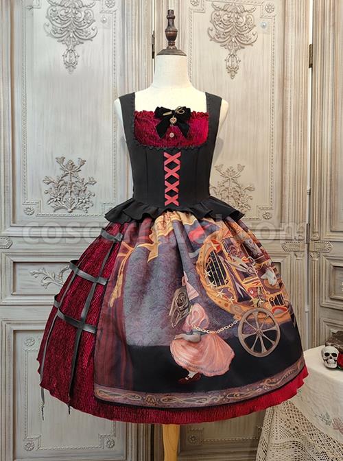 Gothic Strange Circus Skeleton Pattern Print Trim Tight Velvet Vest Pleated Hem Cross Straps Belt Lolita Dress coscarnival