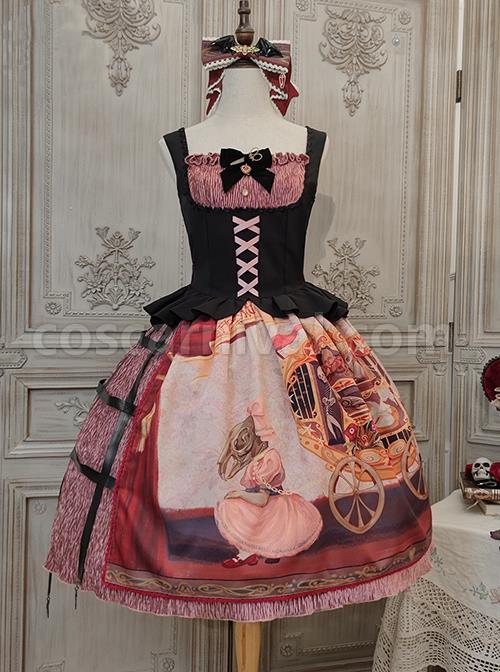 Gothic Strange Circus Skeleton Pattern Print Trim Tight Velvet Vest Pleated Hem Cross Straps Belt Lolita Dress