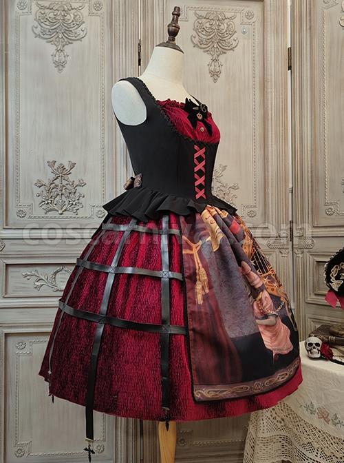 Gothic Strange Circus Skeleton Pattern Print Trim Tight Velvet Vest Pleated Hem Cross Straps Belt Lolita Dress
