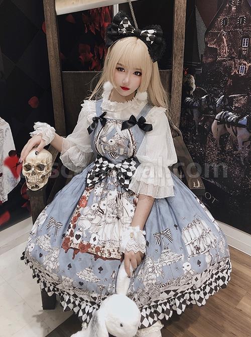 Gothic Style Alice Poker Black-White Plaid Printing Gray Blue Gothic Lolita Sleeveless Dress