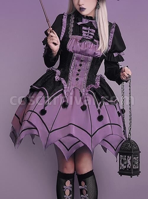 Gothic Style Elegant Rose Lace Bow-Knot Hairball Spider Web Asymmetric Hem Design Witch Halloween Gothic Lolita Long Sleeve Shirt Skirt Set coscarnival