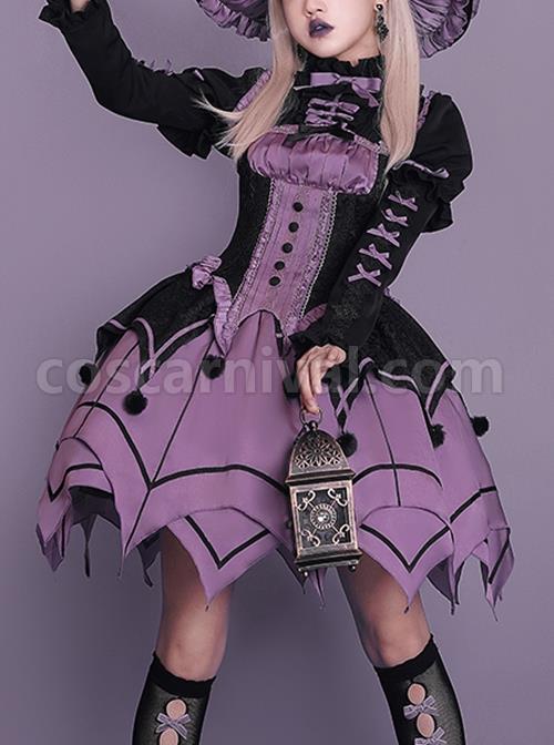 Gothic Style Elegant Rose Lace Bow-Knot Hairball Spider Web Asymmetric Hem Design Witch Halloween Gothic Lolita Long Sleeve Shirt dress Set