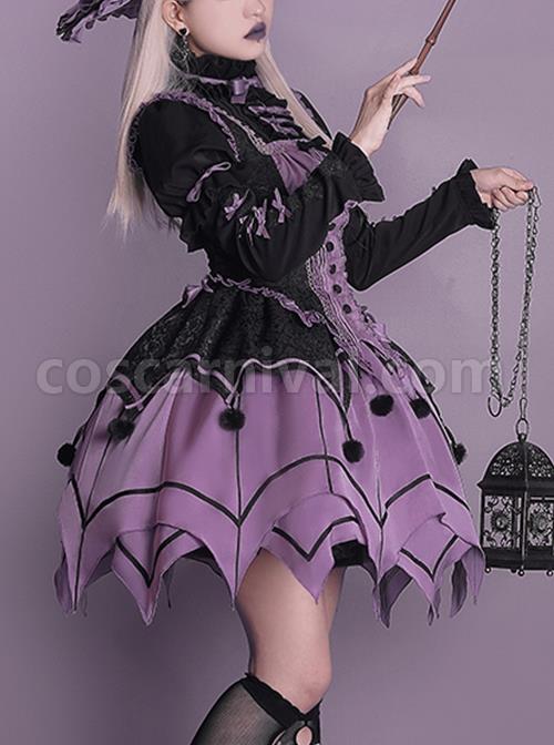 Gothic Style Elegant Rose Lace Bow-Knot Hairball Spider Web Asymmetric Hem Design Witch Halloween Gothic Lolita Long Sleeve Shirt dress Set