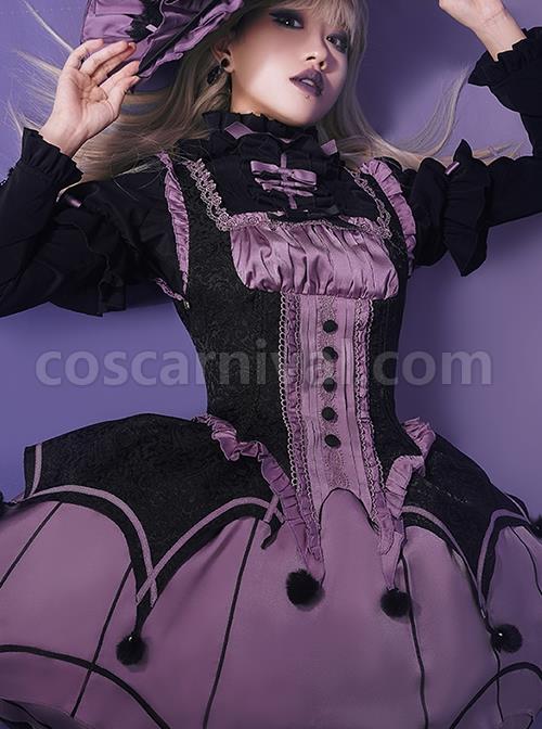 Gothic Style Elegant Rose Lace Bow-Knot Hairball Spider Web Asymmetric Hem Design Witch Halloween Gothic Lolita Long Sleeve Shirt dress Set