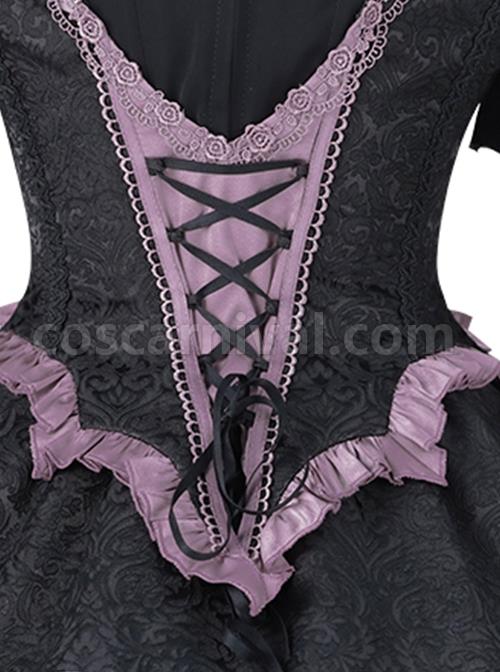 Gothic Style Elegant Rose Lace Bow-Knot Hairball Spider Web Asymmetric Hem Design Witch Halloween Gothic Lolita Long Sleeve Shirt dress Set