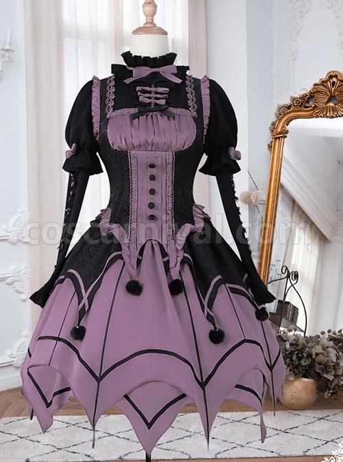 Gothic Style Elegant Rose Lace Bow-Knot Hairball Spider Web Asymmetric Hem Design Witch Halloween Gothic Lolita Long Sleeve Shirt dress Set