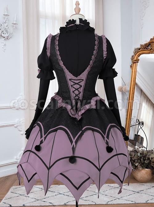 Gothic Style Elegant Rose Lace Bow-Knot Hairball Spider Web Asymmetric Hem Design Witch Halloween Gothic Lolita Long Sleeve Shirt dress Set