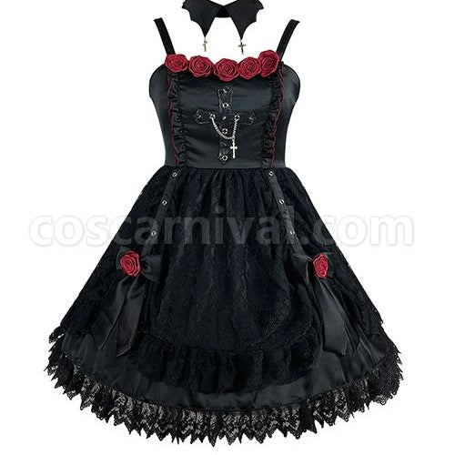 Gothic Vintage Lace Jacquard Design Metal Ring Buckle Chain Cross Decoration Three-Dimensional Rose Lolita Sleeveless Dress coscarnival