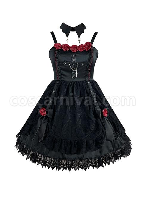 Gothic Vintage Lace Jacquard Design Metal Ring Buckle Chain Cross Decoration Three-Dimensional Rose Lolita Sleeveless Dress coscarnival