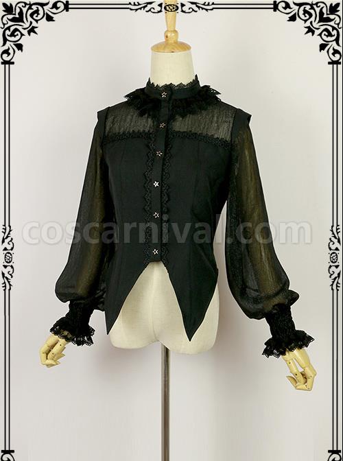 Halloween Black Little Standing Collar Lace Lolita Long Sleeve Shirt coscarnival