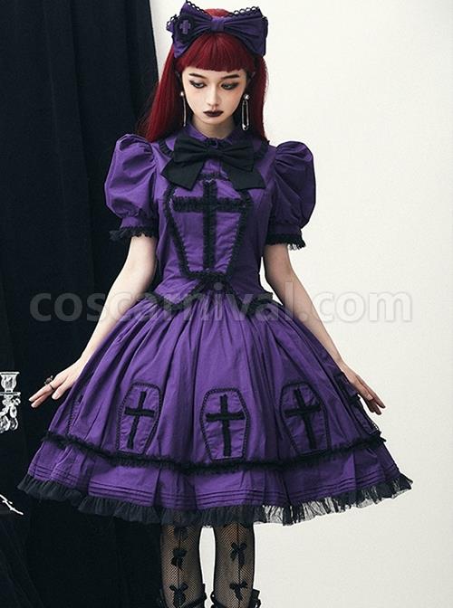 Halloween Limited Series Bowknot Lace Crucifix Puff Sleeve Gothic Lolita Short-Sleeved Blouses Half Skirt Suit coscarnival