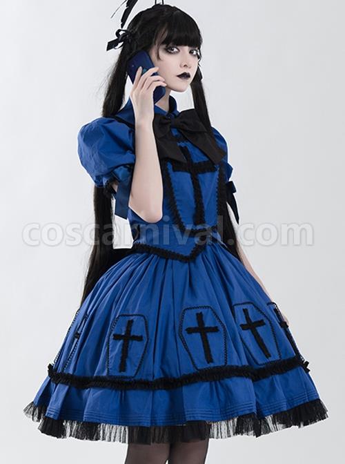 Halloween Limited Series Bowknot Lace Crucifix Puff Sleeve Gothic Lolita Short-Sleeved Blouses Half dress Suit
