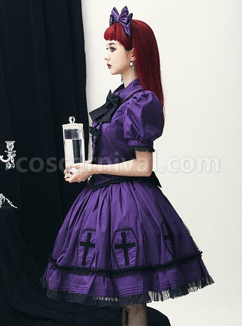 Halloween Limited Series Bowknot Lace Crucifix Puff Sleeve Gothic Lolita Short-Sleeved Blouses Half dress Suit