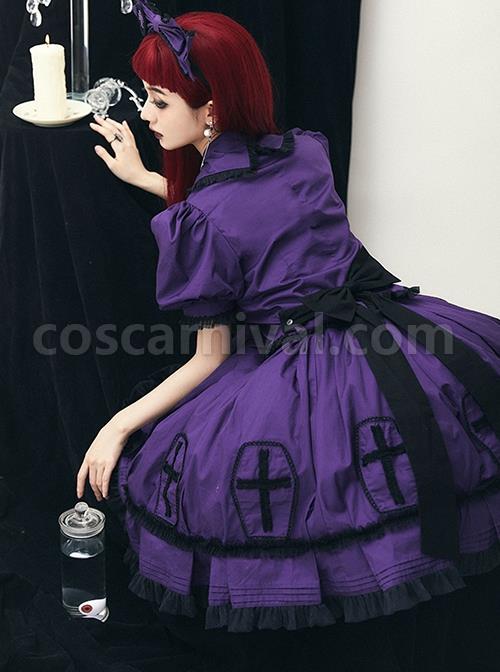 Halloween Limited Series Bowknot Lace Crucifix Puff Sleeve Gothic Lolita Short-Sleeved Blouses Half dress Suit