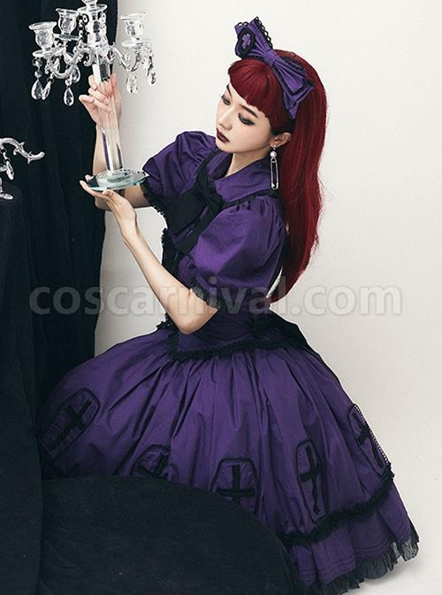 Halloween Limited Series Bowknot Lace Crucifix Puff Sleeve Gothic Lolita Short-Sleeved Blouses Half dress Suit