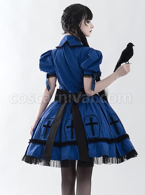 Halloween Limited Series Bowknot Lace Crucifix Puff Sleeve Gothic Lolita Short-Sleeved Blouses Half dress Suit