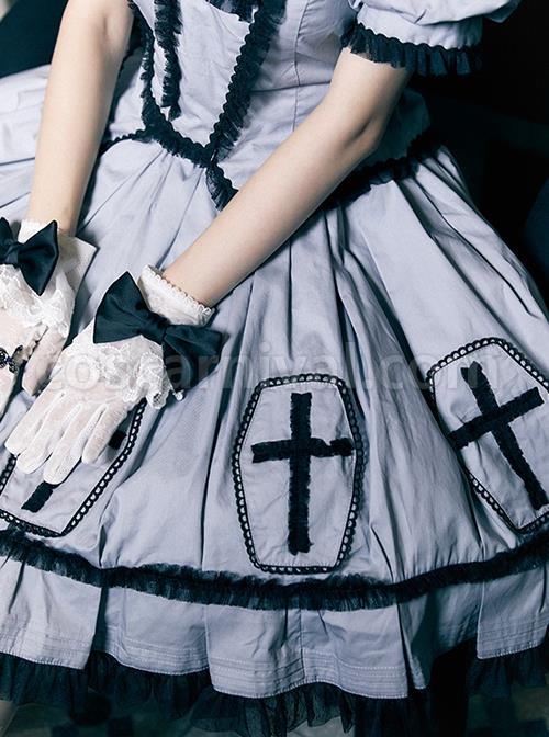 Halloween Limited Series Bowknot Lace Crucifix Puff Sleeve Gothic Lolita Short-Sleeved Blouses Half dress Suit