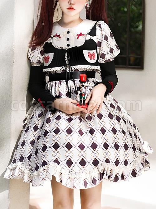 Hat-Trick-Series-Cute-Lace-Doll-Collar-Retro-Sweetheart-Rhombus-Print-Detachable-Black-Vest-Classic-Lolita-Long-Sleeved-Dress-Set-coscarnival-2678