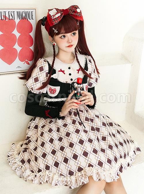 Hat-Trick-Series-Cute-Lace-Doll-Collar-Retro-Sweetheart-Rhombus-Print-Detachable-Black-Vest-Classic-Lolita-Long-Sleeved-Dress-Set-coscarnival-2707