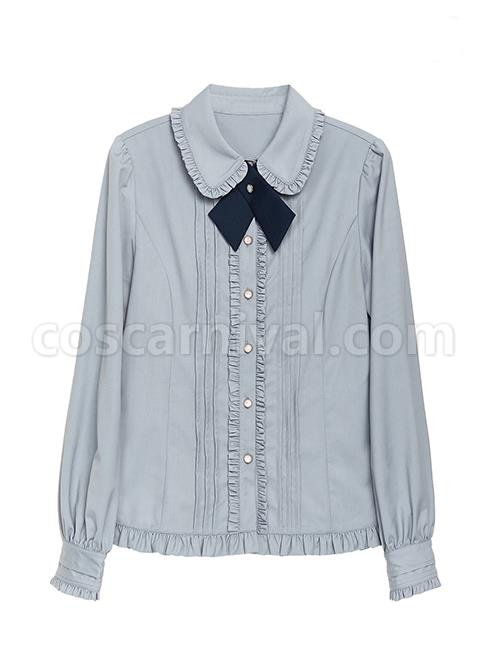 Idol.Q Series Pleated Lace Design Lapel Bow Tie Decoration Comfortable Long-Sleeve Classic Lolita Button-Down Shirt coscarnival