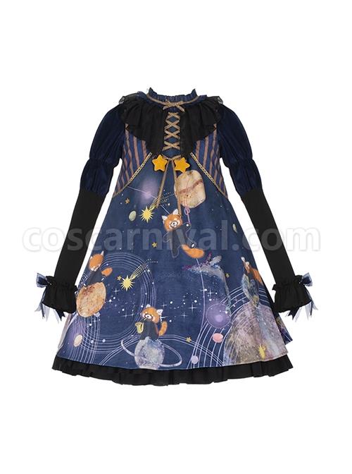 Interstellar-Little-Bear-Series-Red-Panda-Print-Stripe-Lace-Up-Little-Star-Bowknot-Decoration-Classic-Lolita-Long-Sleeved-Dress-coscarnival-2642