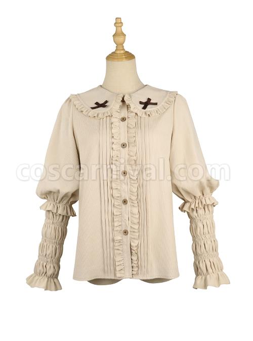 Kitten Detective Series Doll Collar Ruffle School Lolita Beige Long Sleeve Shirt coscarnival