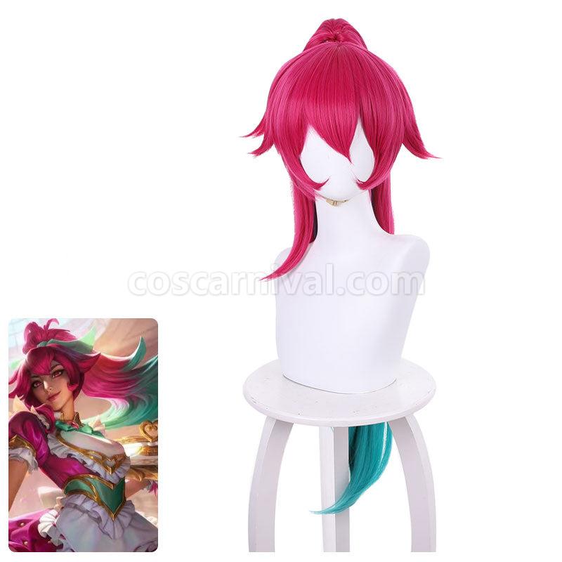 LOL Cafe Cutie Sivir Rose Red Gradient Green Long Ponytail Cosplay Wigs coscarnival01119056