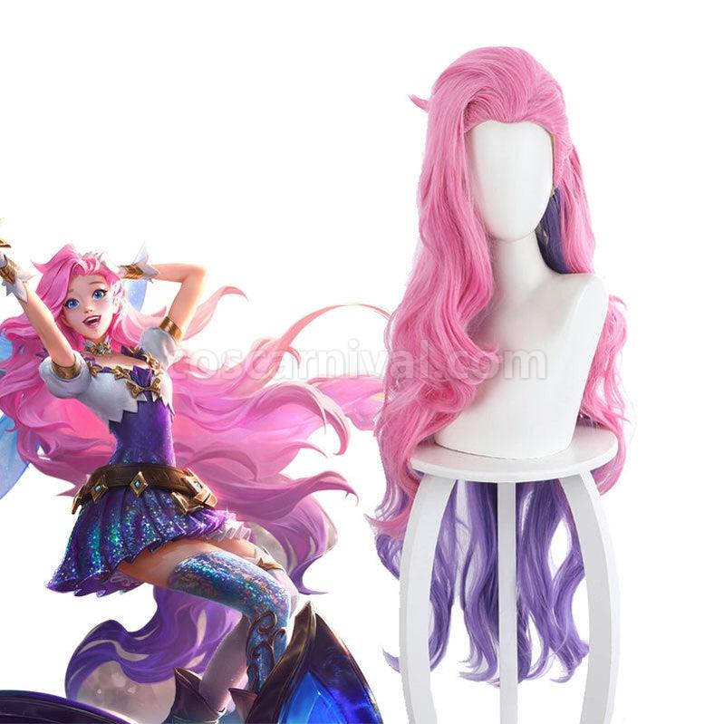 LOL KDA All Out Seraphine 100cm Long Green Gradient Purple Cosplay Wigs coscarnival011114196