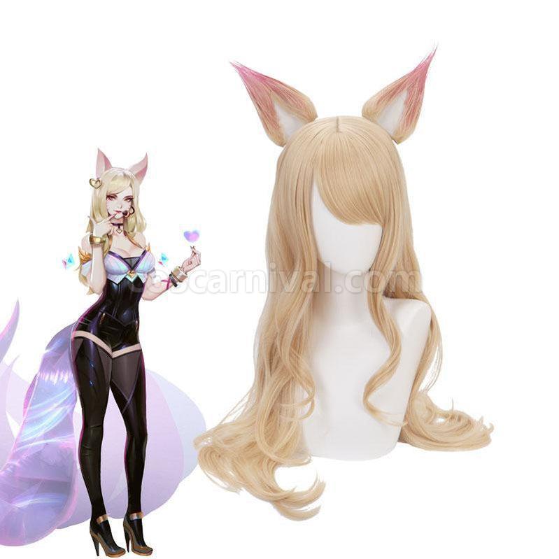 LOL KDA Nine Tailed Fox Ahri Long Straight Blonde Cosplay Wigs With Ears coscarnival011119127
