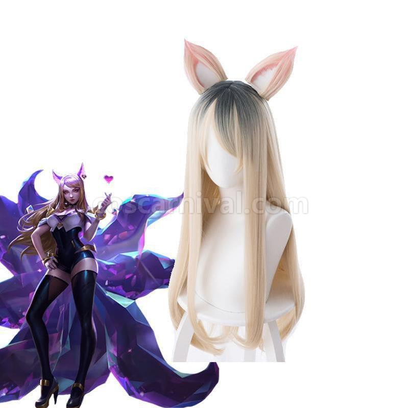 LOL KDA Skin Ahri Nine Tailed Fox 80cm Long Straight Blonde Cosplay Wigs With Ears coscarnival011119122