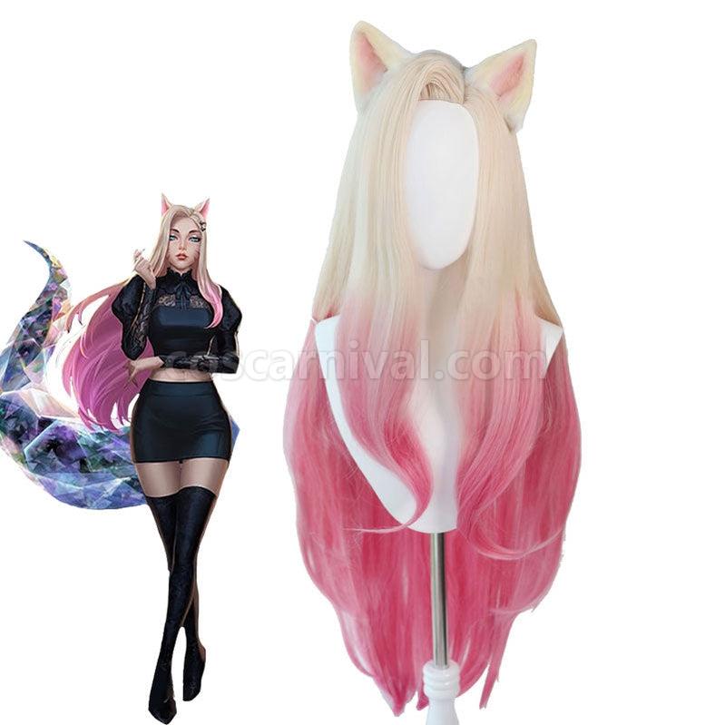 LOL KDA The Baddest Ahri 100cm Long Beige Gradient Pink Cosplay Wigs coscarnival011114673