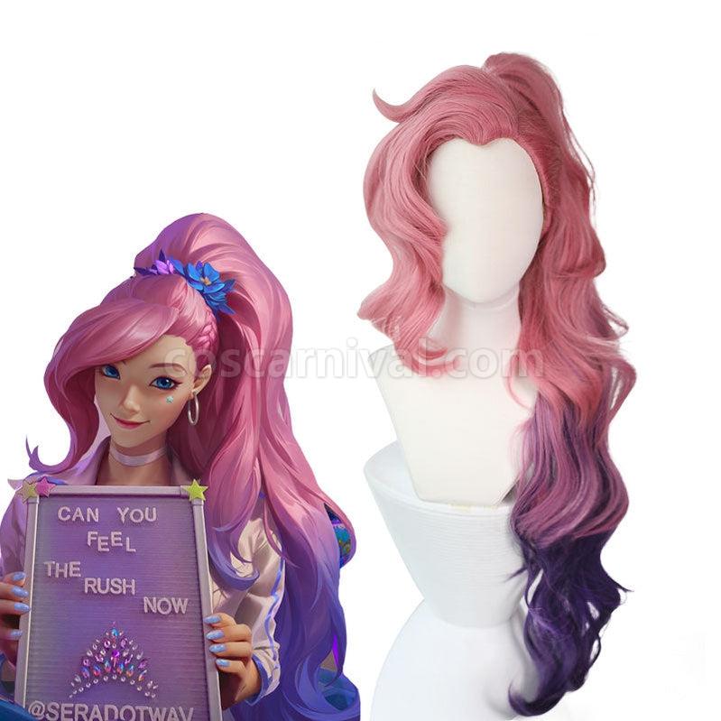 LOL Seraphine Cosplay Wig 100cm Long Ponytail Pink Gradient Purple Wavy Wigs coscarnival011114562