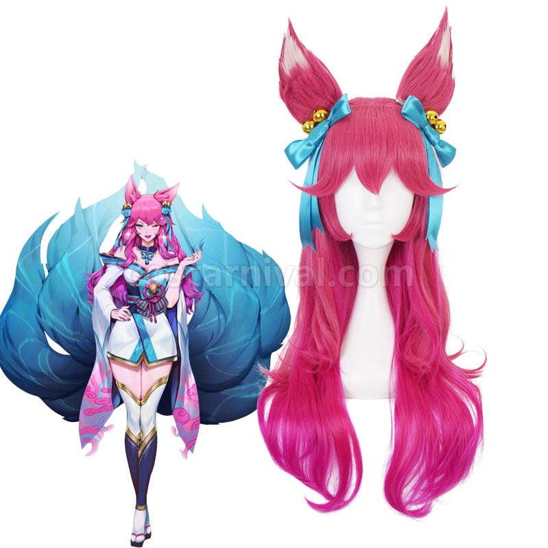 LOL Spirit Blossom Skin Ahri 80cm Long Red Gradient Purple Wavy Cosplay Wigs with Headwear coscarnival011116003
