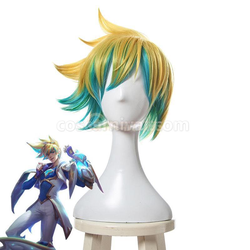LOL Star Guardian Ezreal Yellow Mixed Blue Men 30cm Short Cosplay Wigs Synthetic Hair coscarnival011119005