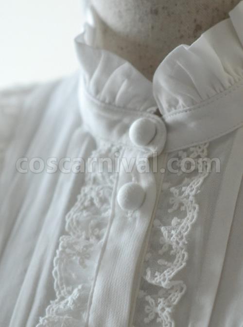 Lace Ruffle White Lolita Long Sleeve Shirt And Retro Lace Black Silk Bowknot-tie Brooch
