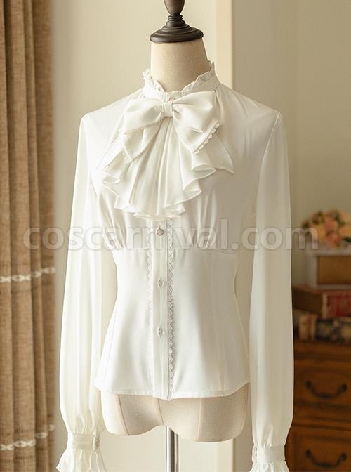 Ladies Simple White JK Inside Slim Fit Removable Big Bow Tie Long Sleeve Shirt coscarnival