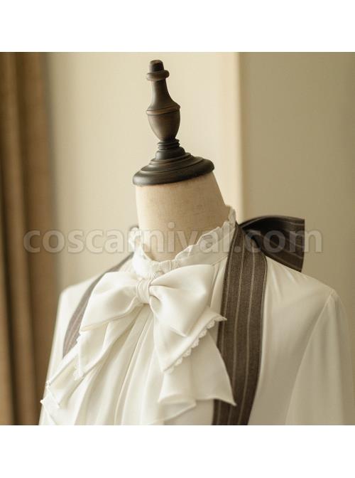 Ladies Simple White JK Inside Slim Fit Removable Big Bow Tie Long Sleeve Shirt