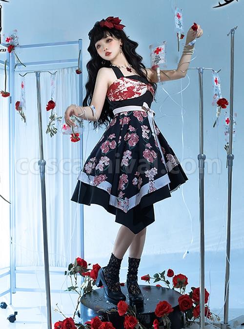Large Bow High Waist Print Elegant Halter Detachable Belt Irregular Gothic Lolita Sleeveless Dress