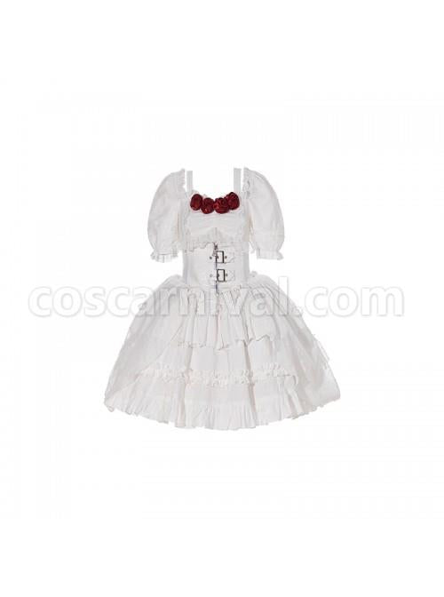 Letters And Poems Gunpowder Series White Pleated Lace Jacquard Drawstring Red Rose Embellishment PU Personalized Girdle Gothic Lolita Dress Set coscarnival