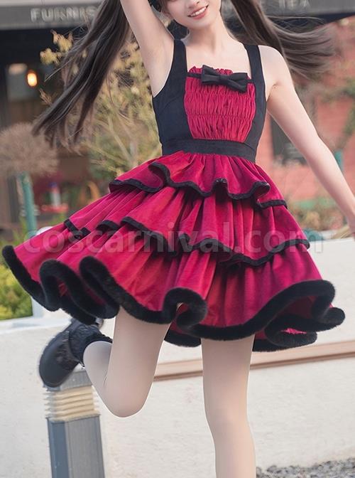 Lilith Series Playful Sexy Velvet Princess Three-Section Cake Skirt Gothic Lolita Sleeveless Dress coscarnival