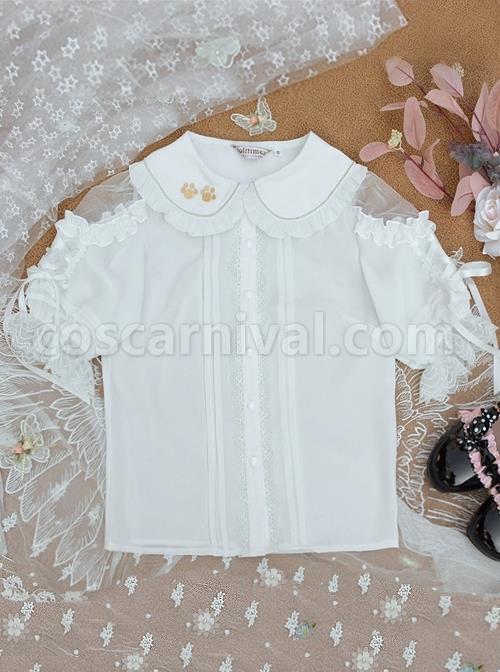 Little Lazy Cat Series Summer Cute Cat Claw Embroidery Slim Lace Tie Hollow Short Cuffs Sweet Lolita Blouses coscarnival