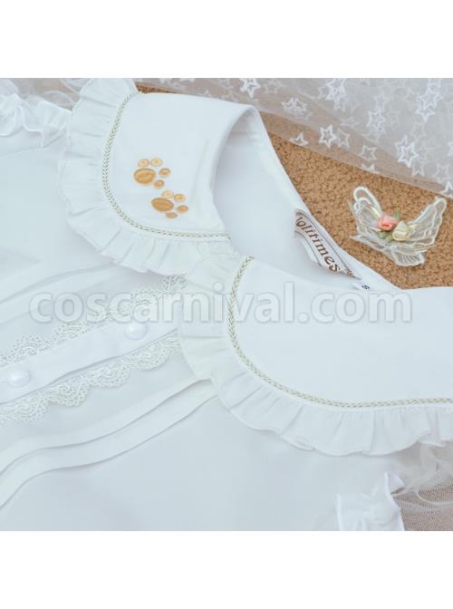 Little Lazy Cat Series Summer Cute Cat Claw Embroidery Slim Lace Tie Hollow Short Cuffs Sweet Lolita Blouses coscarnival