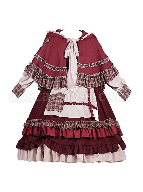 Little-Red-Riding-Hood-Series-Pastoral-Style-Ruffled-Collar-Lantern-Sleeve-Plaid-Print-Hooded-Cloak-Classic-Lolita-Long-Sleeved-Dress-Set-coscarnival-2580