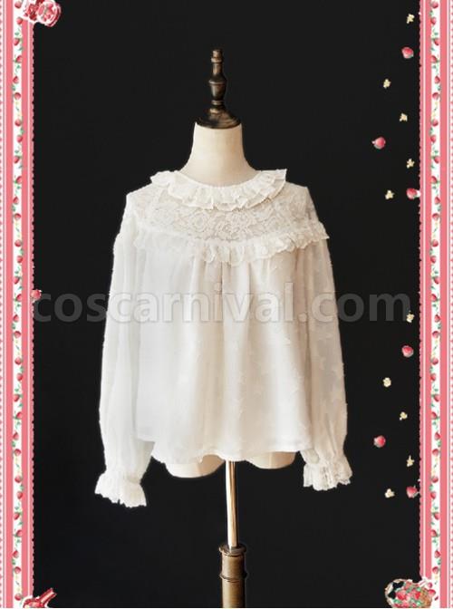 Little Star Hollow Out White Lace Lolita Long Sleeves Shirt coscarnival
