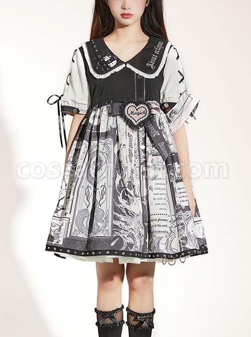 Little Tengu Series OP Doll Collar Printing Black Cute Gothic Lolita Short Sleeve Dress coscarnival