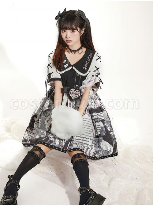 Little Tengu Series OP Doll Collar Printing Black Cute Gothic Lolita Short Sleeve Dress coscarnival