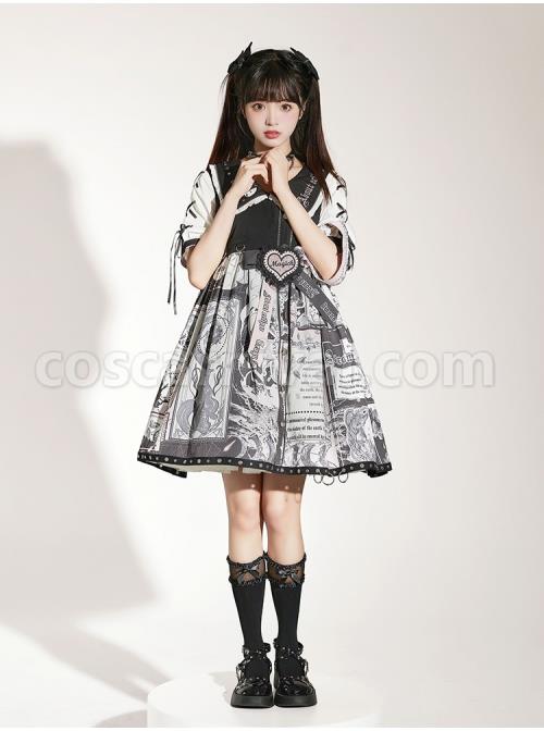 Little Tengu Series OP Doll Collar Printing Black Cute Gothic Lolita Short Sleeve Dress