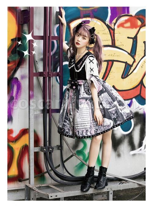 Little Tengu Series OP Doll Collar Printing Black Cute Gothic Lolita Short Sleeve Dress